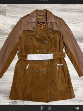 NWT Genuine Leather Suede Jacket Trench Coat Belted Cognac Brown M NEW